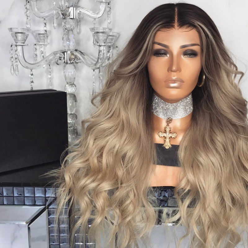 Wholesale Middle-parted gradient yellow long curly hair women's big wave rose net wig